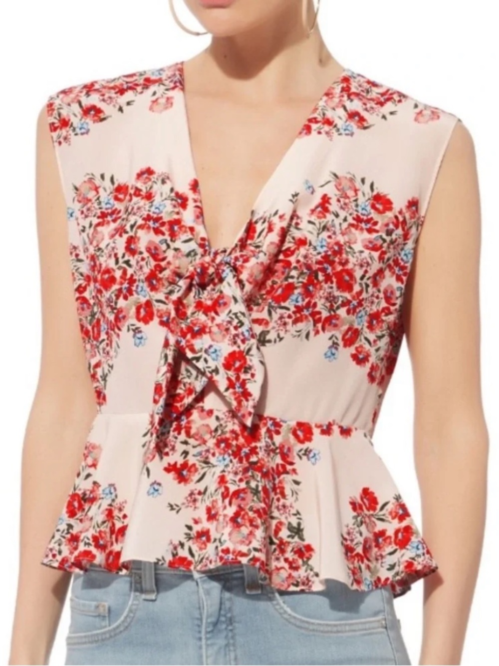 INTERMIX Cream Floral Tie-Front Peplum Blouse with Red Print